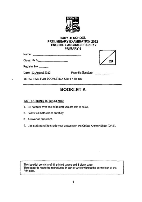 Rosyth P6 Eng SA2 2022 exam paper PDF preview