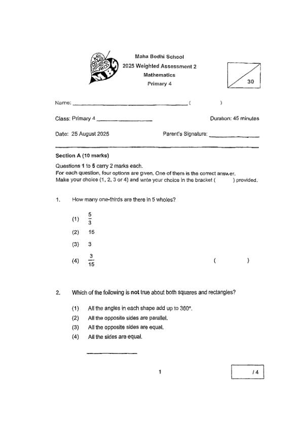First page preview of P4 Math 2025 WA2 — Maha Bodhi