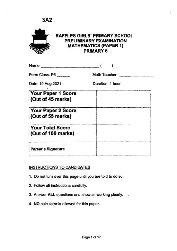 First page preview of P6 Math 2021 SA2 — Raffles Girls