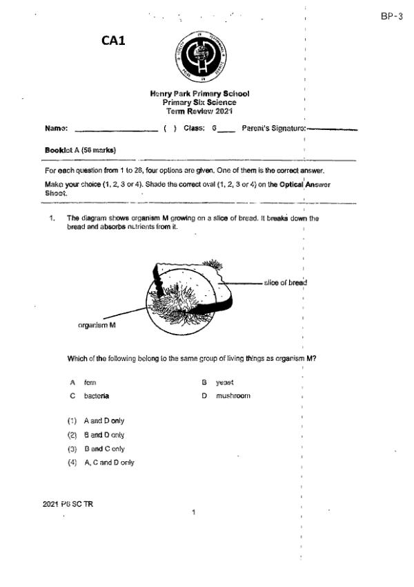 Henry Park P6 Sci WA1 2021 exam paper PDF preview