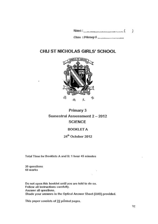 CHIJ P3 Sci SA2 2012 exam paper PDF preview