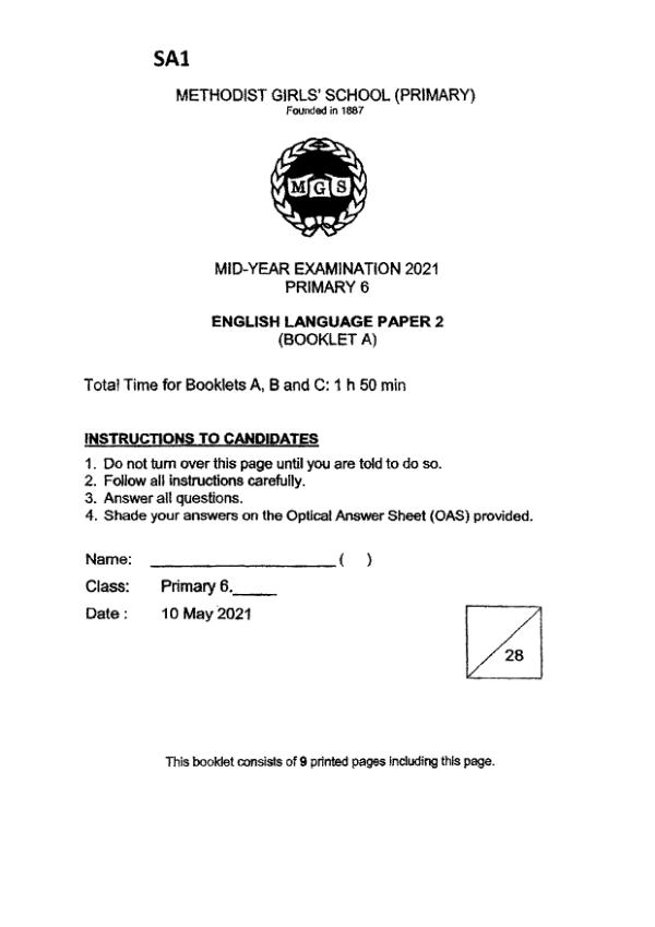 Methodist Girls P6 Eng WA2 2021 exam paper PDF first page preview