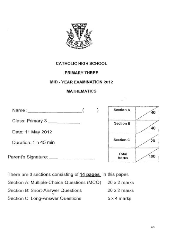 Catholic High P3 Math WA2 2012 exam paper PDF preview