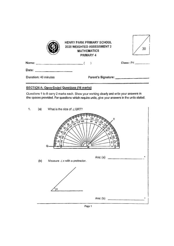 First page preview of P4 Math 2025 WA2 — Henry Park