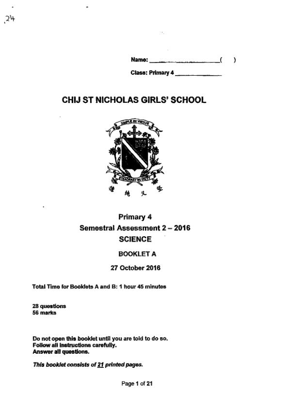 CHIJ P4 Sci SA2 2016 exam paper PDF first page preview