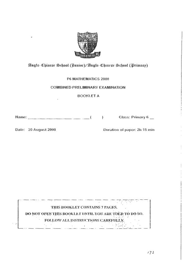 Anglo Chinese P6 Math SA2 2008 exam paper PDF preview