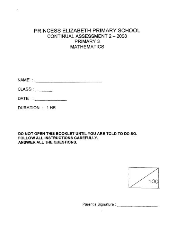 Princess Elizabeth P3 Math WA3 2008 exam paper PDF preview