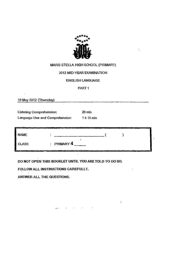 Maris Stella High P4 Eng WA2 2012 exam paper PDF first page preview
