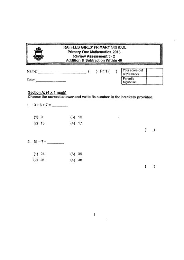 First page preview of P1 Math 2018 WA1 — Raffles Girls
