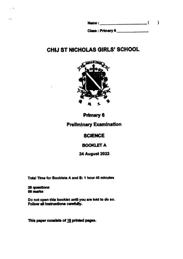 CHIJ P6 Sci SA2 2022 exam paper PDF preview