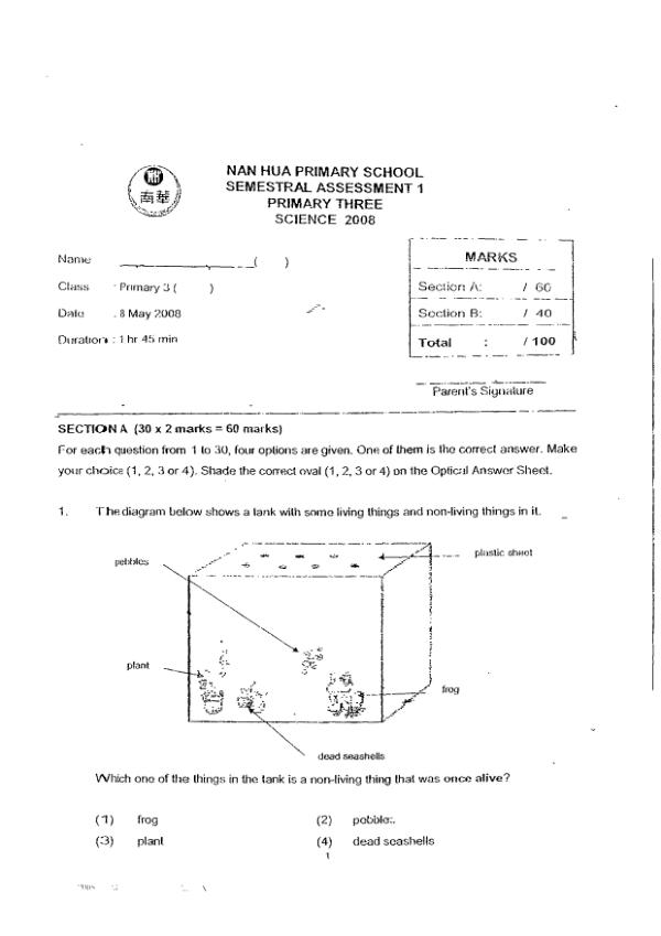 Nan Hua P3 Sci WA2 2008 exam paper PDF preview