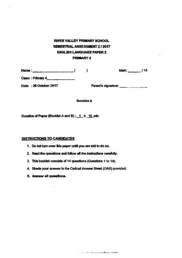 River Valley P4 Eng SA2 2017 exam paper PDF first page preview
