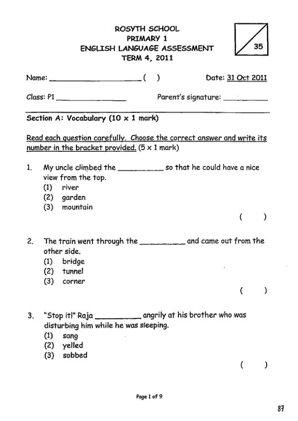 Rosyth P1 Eng SA2 2011 exam paper PDF preview