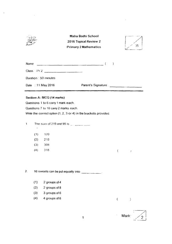 First page preview of P2 Math 2016 WA2 — Maha Bodhi