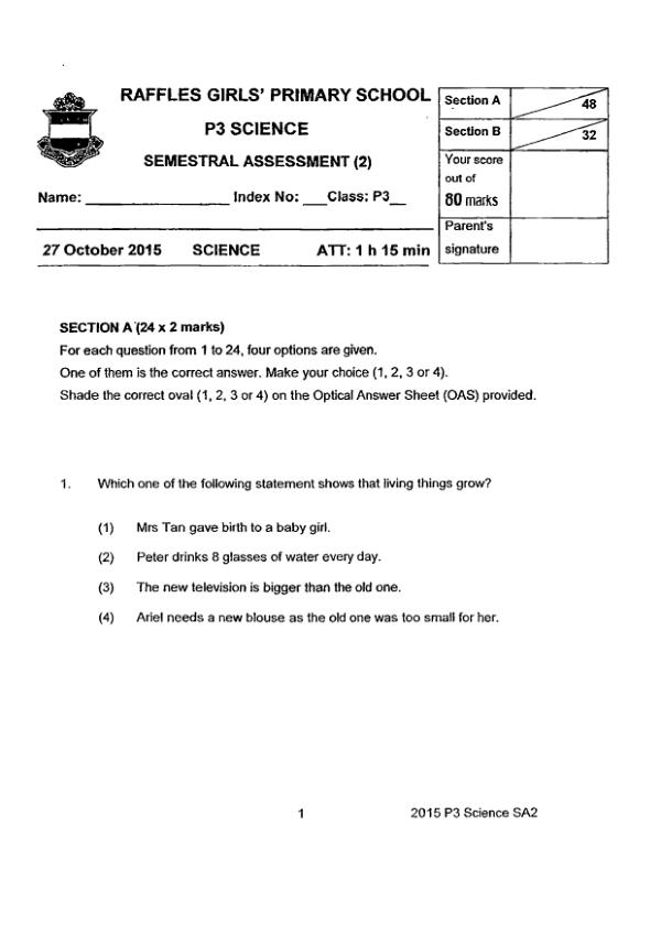 Raffles Girls P3 Sci SA2 2015 exam paper PDF first page preview