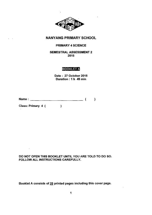 Nanyang P4 Sci SA2 2015 exam paper PDF first page preview