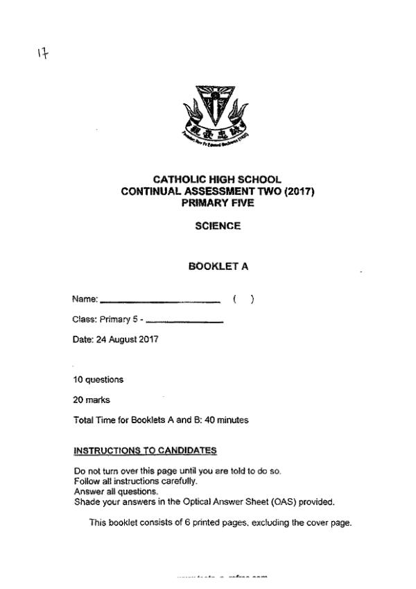 Catholic High P5 Sci WA3 2017 exam paper PDF preview