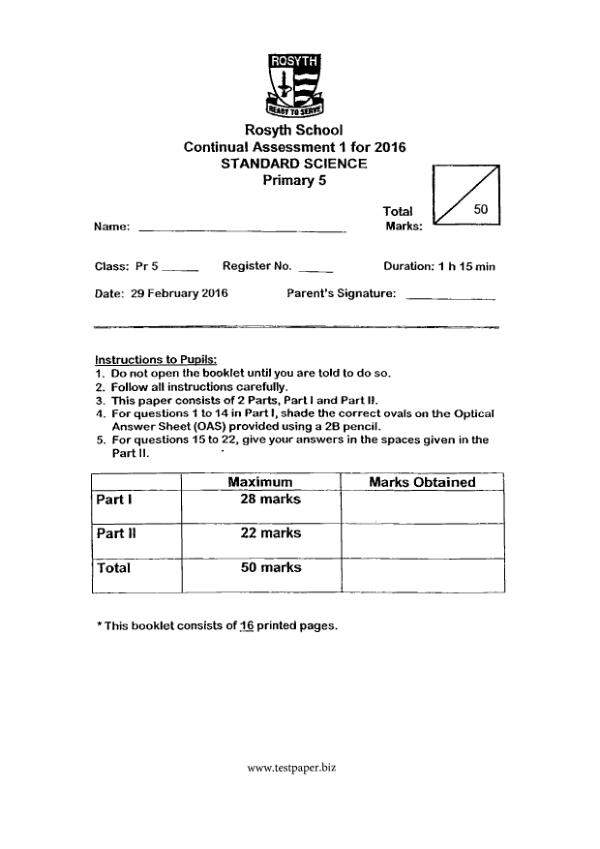 Rosyth P5 Sci WA1 2016 exam paper PDF preview