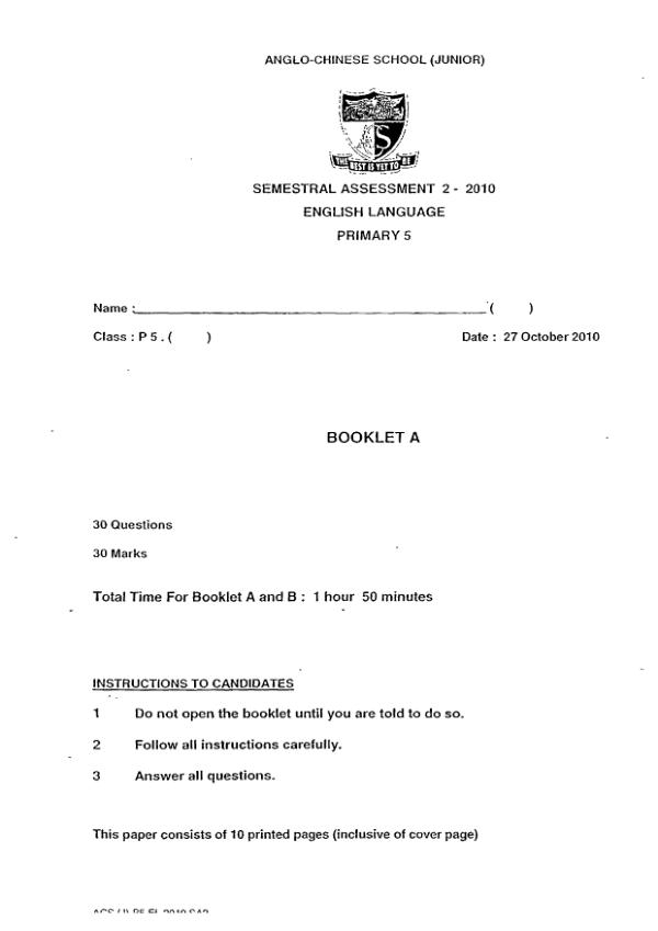 Anglo Chinese P5 Eng SA2 2010 exam paper PDF preview