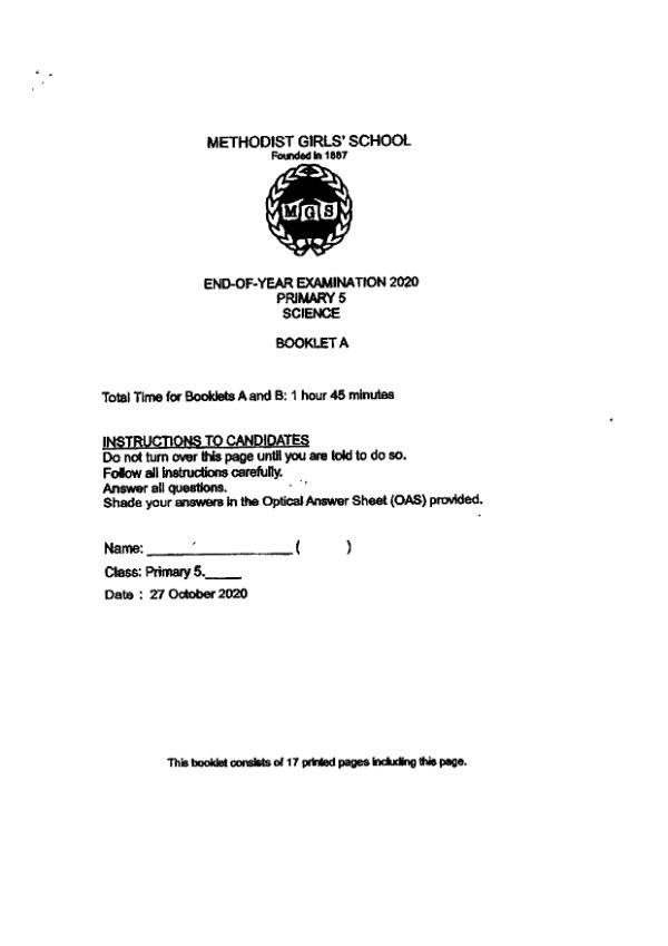 Methodist Girls P5 Sci SA2 2020 exam paper PDF first page preview