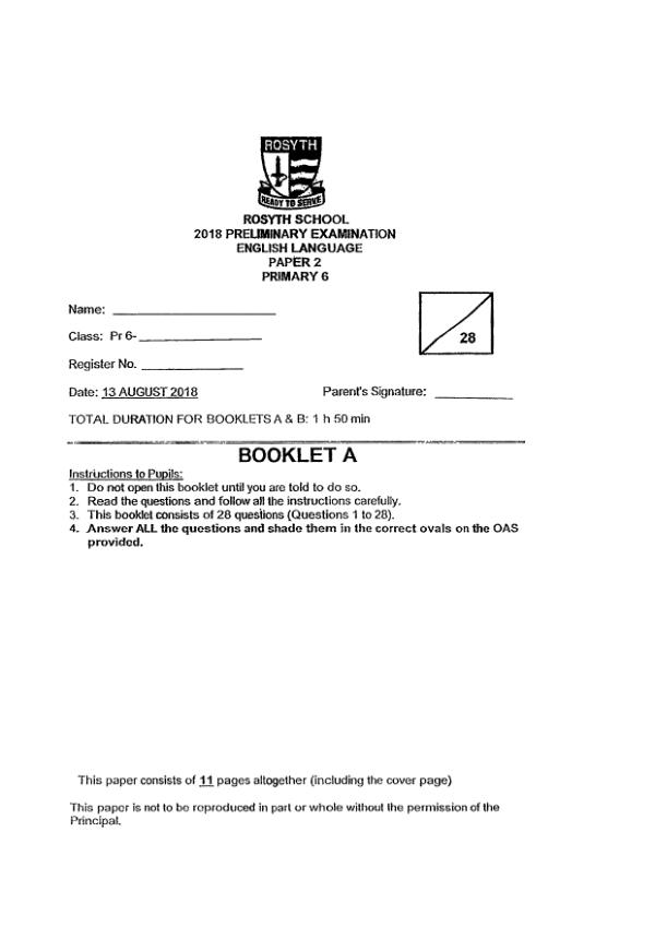 Rosyth P6 Eng SA2 2018 exam paper PDF first page preview