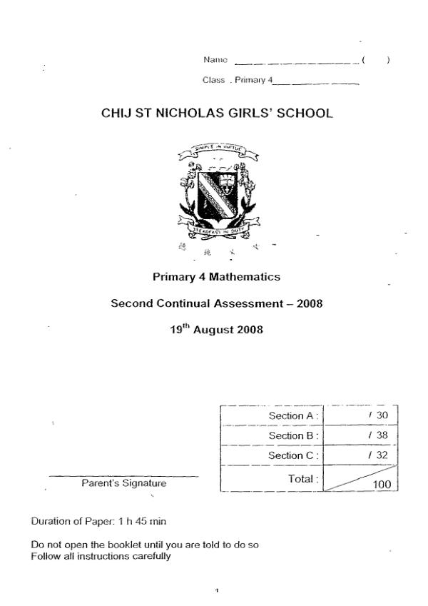CHIJ P4 Math WA3 2008 exam paper PDF preview