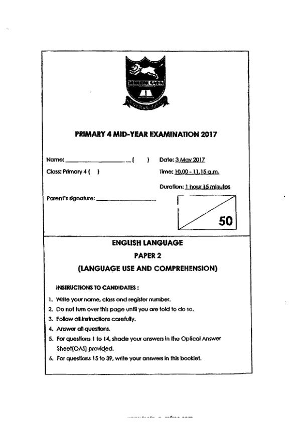 Tao Nan P4 Eng WA2 2017 exam paper PDF first page preview