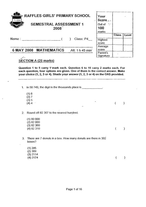 Raffles Girls P4 Math WA2 2008 exam paper PDF preview