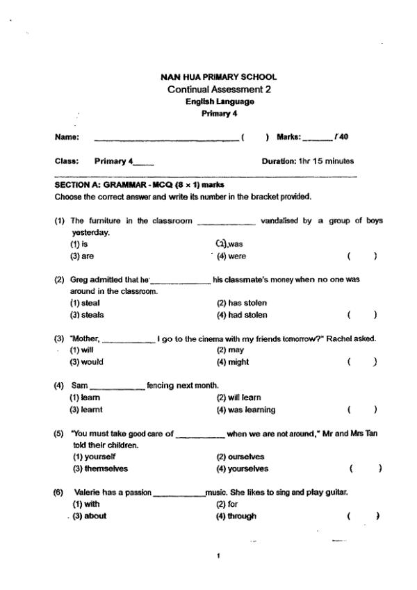 Nan Hua P4 Eng WA3 2014 exam paper PDF preview