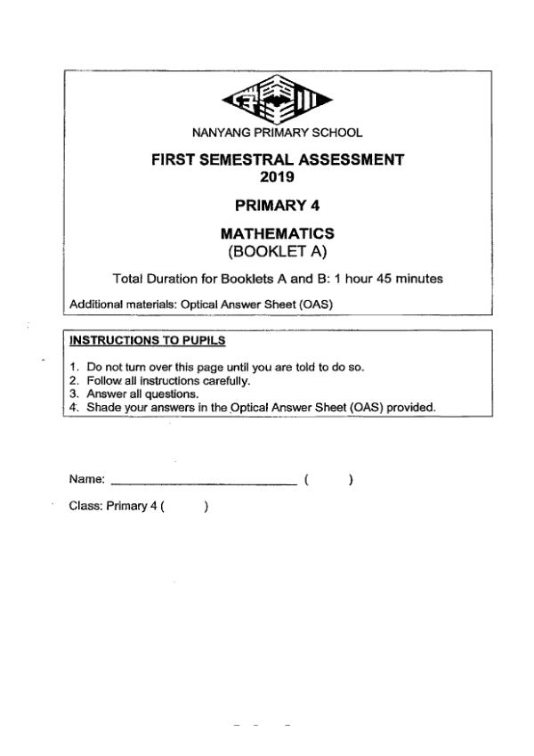 First page preview of P4 Math 2019 WA2 — Nanyang