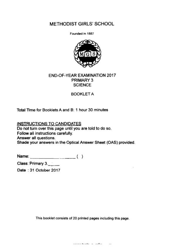 Methodist Girls P3 Sci SA2 2017 exam paper PDF first page preview