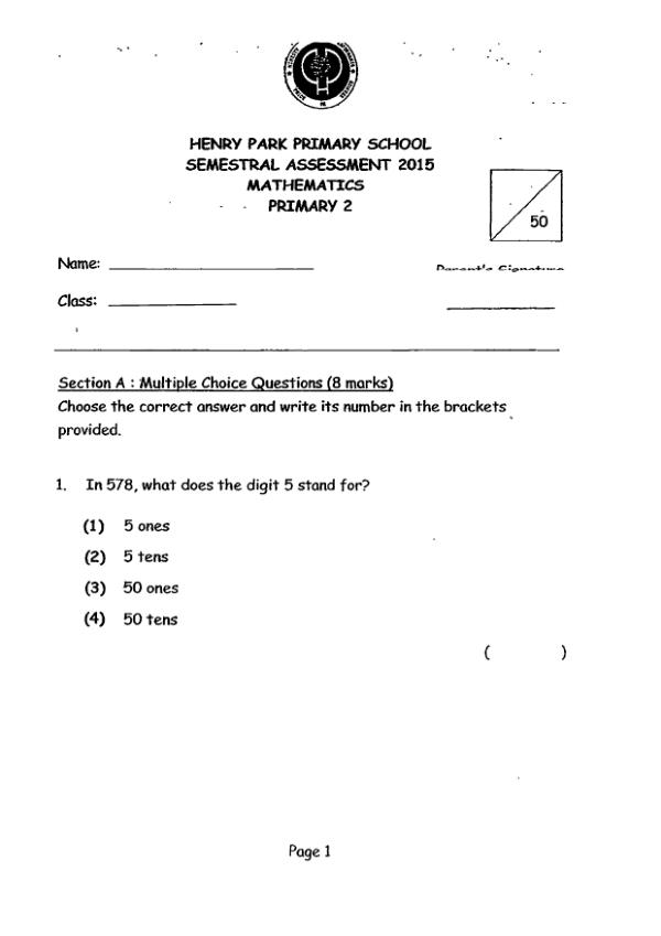 First page preview of P2 Math 2015 SA2 — Henry Park
