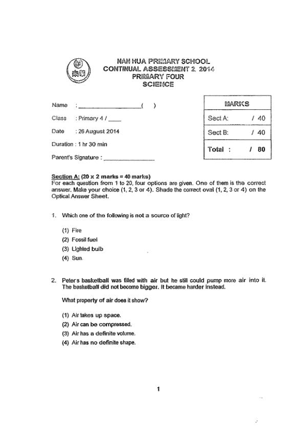 Nan Hua P4 Sci WA3 2014 exam paper PDF preview