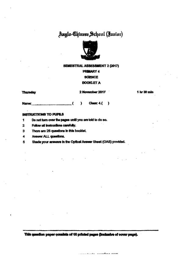 Anglo Chinese P4 Sci SA2 2017 exam paper PDF first page preview