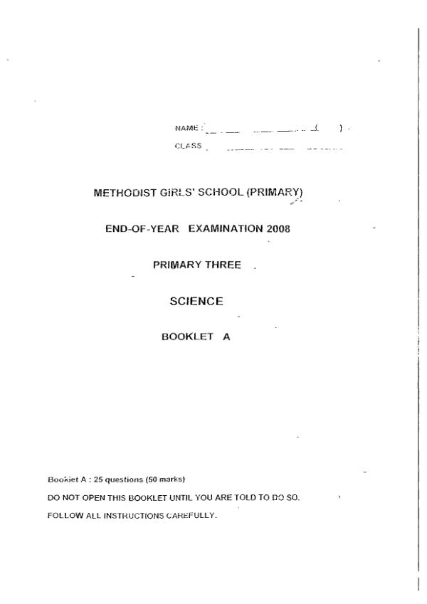 Methodist Girls P3 Sci SA2 2008 exam paper PDF preview