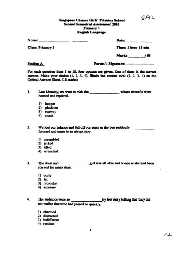 Singapore Chinese Girls P3 Eng SA2 2005 exam paper PDF preview