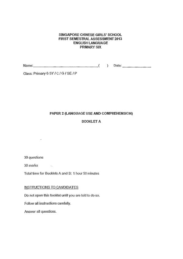 Singapore Chinese Girls P6 Eng WA2 2013 exam paper PDF first page preview