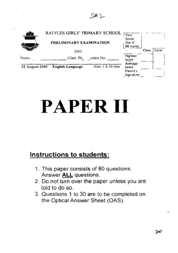 Raffles Girls P6 Eng SA2 2005 exam paper PDF preview