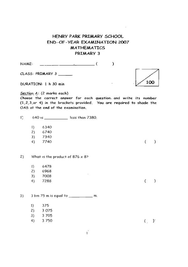 Henry Park P3 Math SA2 2007 exam paper PDF preview