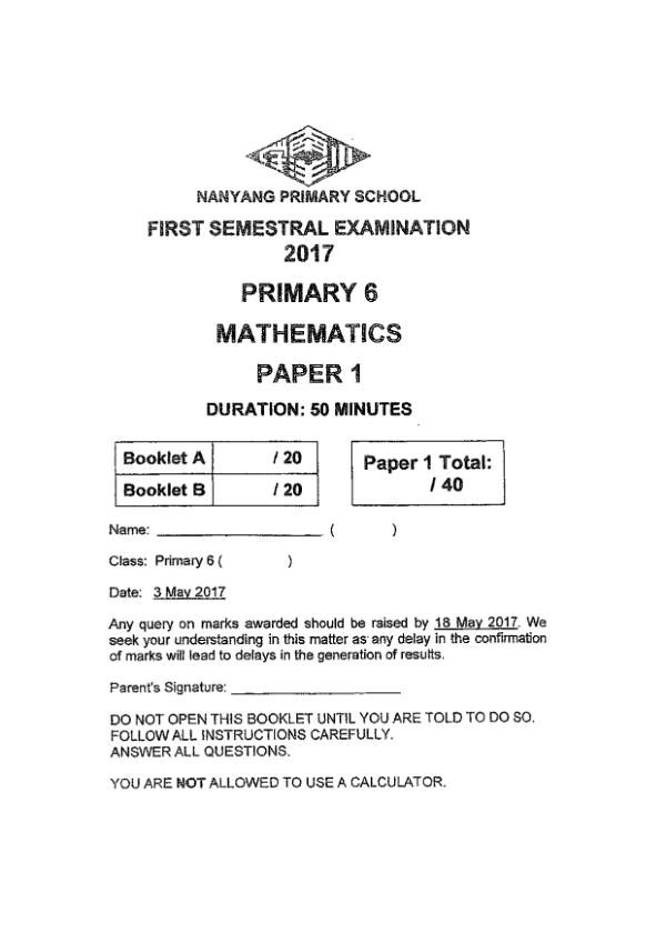 First page preview of P6 Math 2017 WA2 — Nanyang