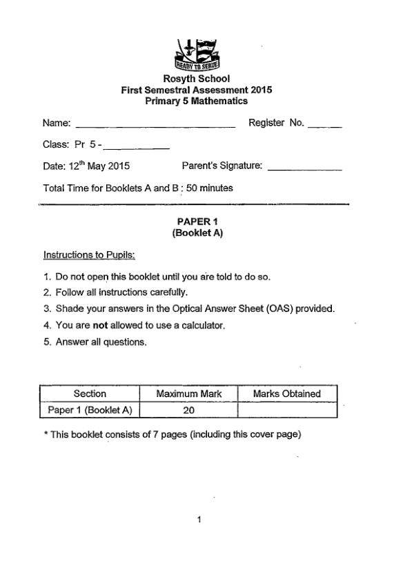 First page preview of P5 Math 2015 WA2 — Rosyth