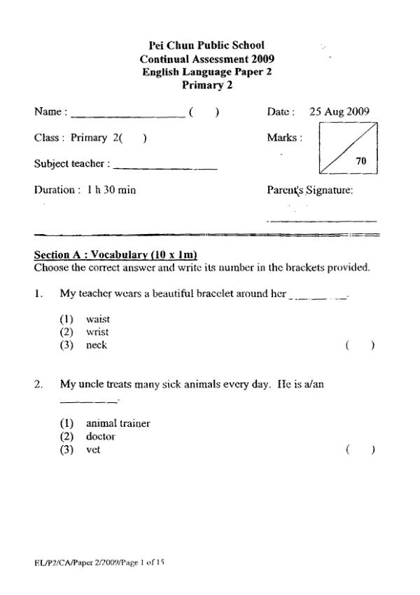 Pei Chun P2 Eng WA3 2009 exam paper PDF first page preview