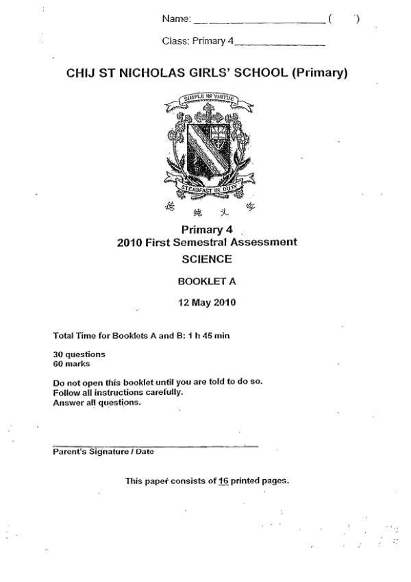 CHIJ P4 Sci WA2 2010 exam paper PDF first page preview