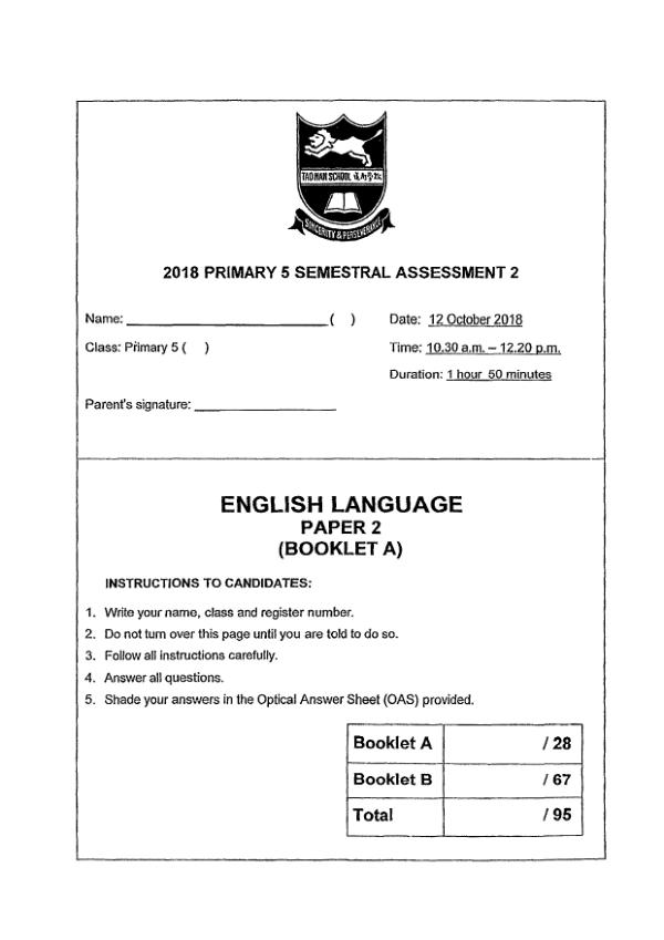 Tao Nan P5 Eng SA2 2018 exam paper PDF first page preview