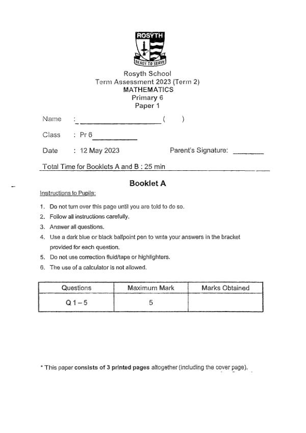 First page preview of P6 Math 2023 WA2 — Rosyth