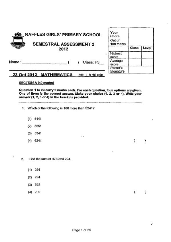 Raffles Girls P3 Math SA2 2012 exam paper PDF preview