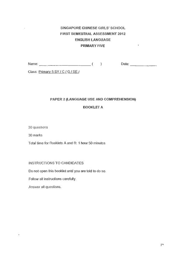 Singapore Chinese Girls P5 Eng WA2 2012 exam paper PDF preview