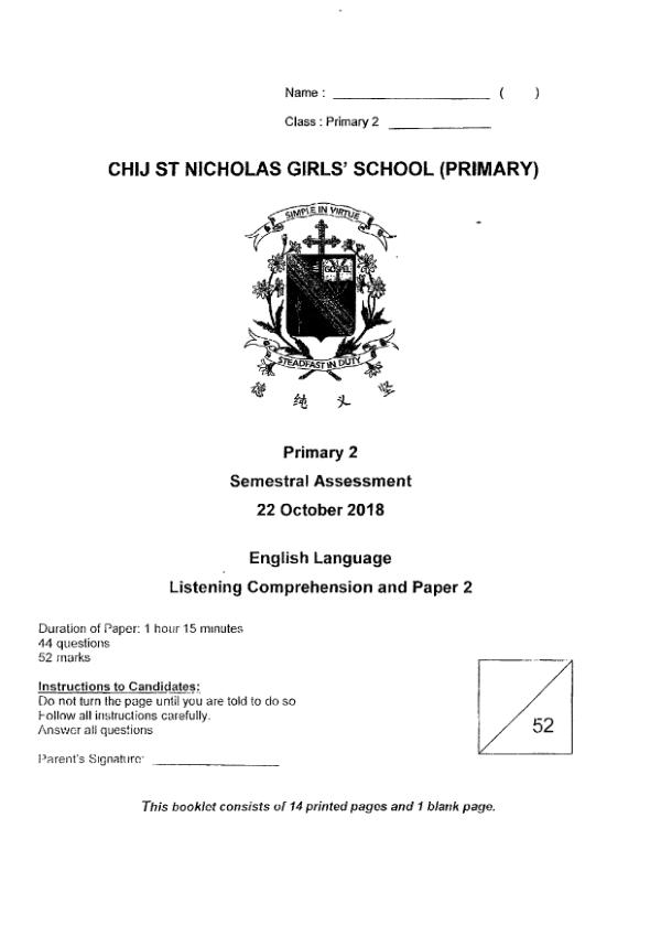 St Nicholas P2 Eng SA2 2018 exam paper PDF preview