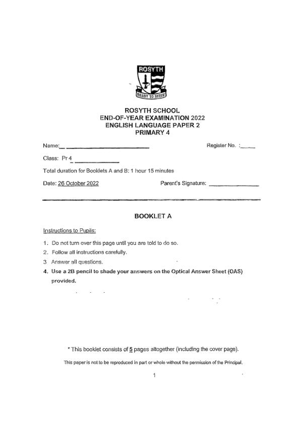 Rosyth P4 Eng SA2 2022 exam paper PDF preview