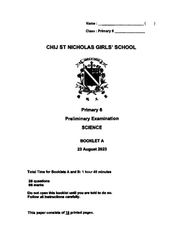 First page preview of P6 Sci 2023 SA2 — CHIJ